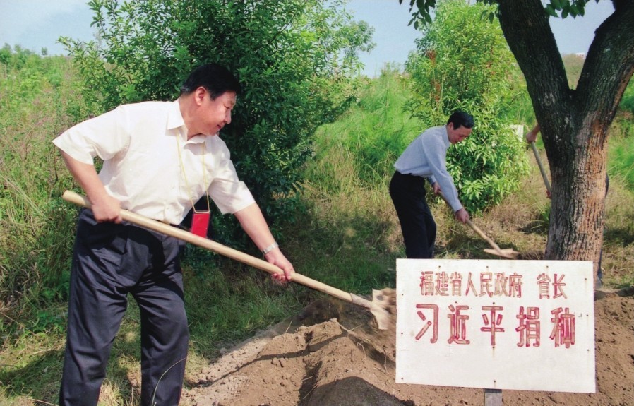 2001年10月，習近平在龍巖市長(cháng)汀縣調研水土流失治理工作，在河田世紀生態(tài)園為樹(shù)培土。圖源：《習近平在福建（下）》