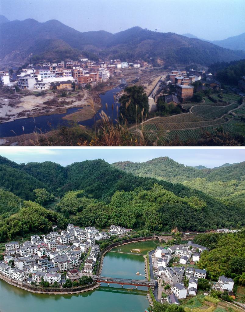 圖為浙江省杭州市淳安縣楓樹(shù)嶺鎮下姜村拼版圖，其中上圖為資料照片、下圖由新華社記者張鋮攝。
